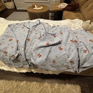 Sundance Blue and White Striped Shirt with Red Floral Accents